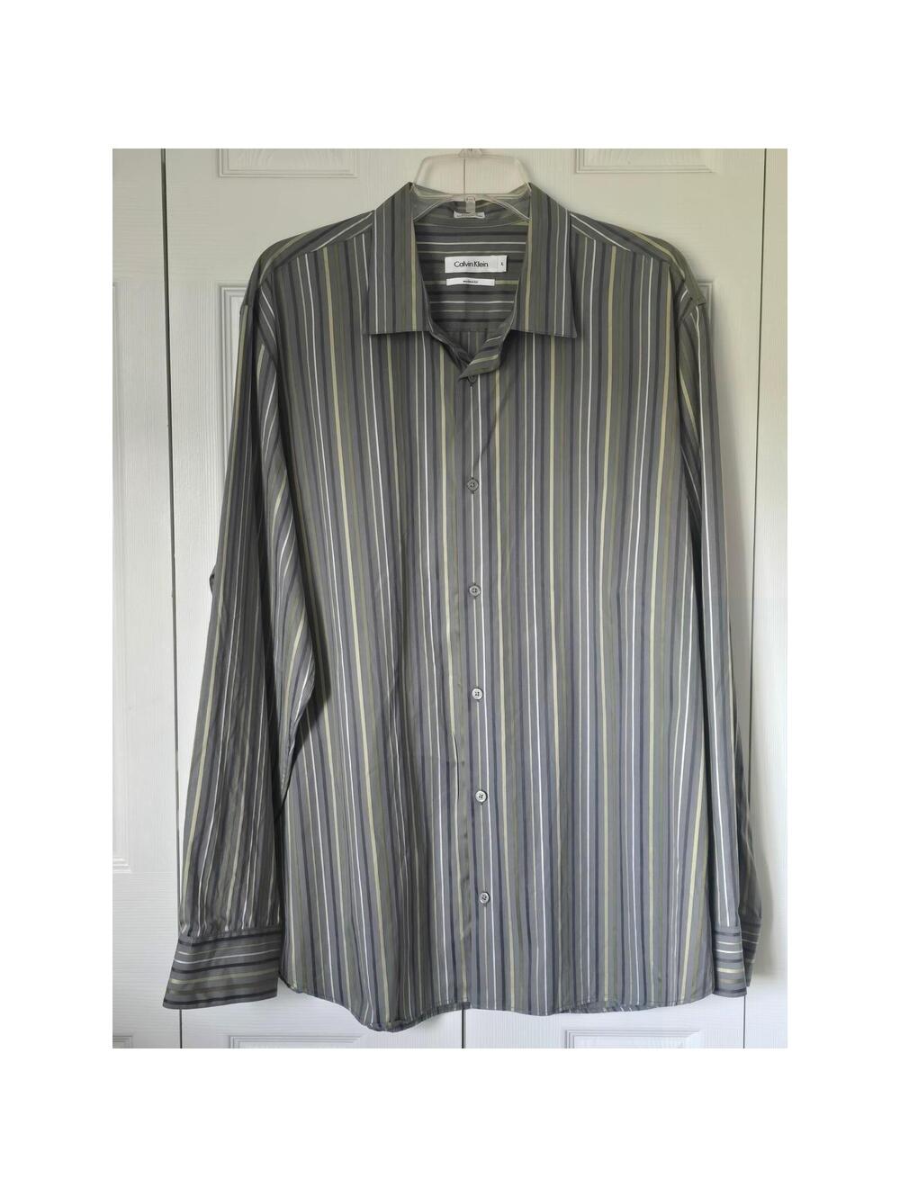 Calvin Klein Mens XL Modern Fit Striped Button Down Shirt Grey Green Long Sleeve